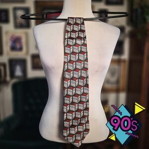 Structure Silk Tie Vintage 90s Mens Geometric Architecture Print Red Green USA
